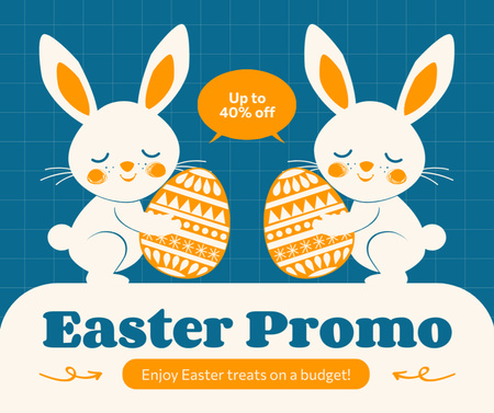 Cute Illustration of Easter Bunnies holding Eggs Facebook Design Template