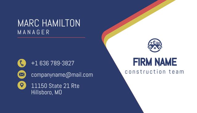 Ontwerpsjabloon van Business Card US van Construction Team Manager's Promo on Blue