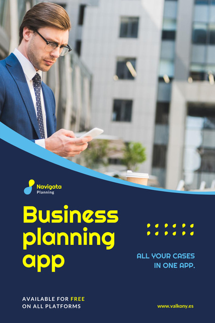 Business Planning App Ad Man with Smartphone Pinterest Design Template