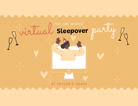 Announcement of Virtual Sleepover Party Invitation 13.9x10.7cm Horizontal Design Template