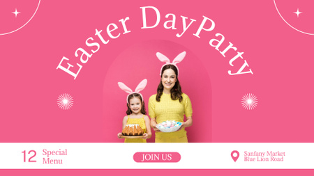 Anúncio de festa de Páscoa com mãe e filha felizes em orelhas de coelho FB event cover Modelo de Design