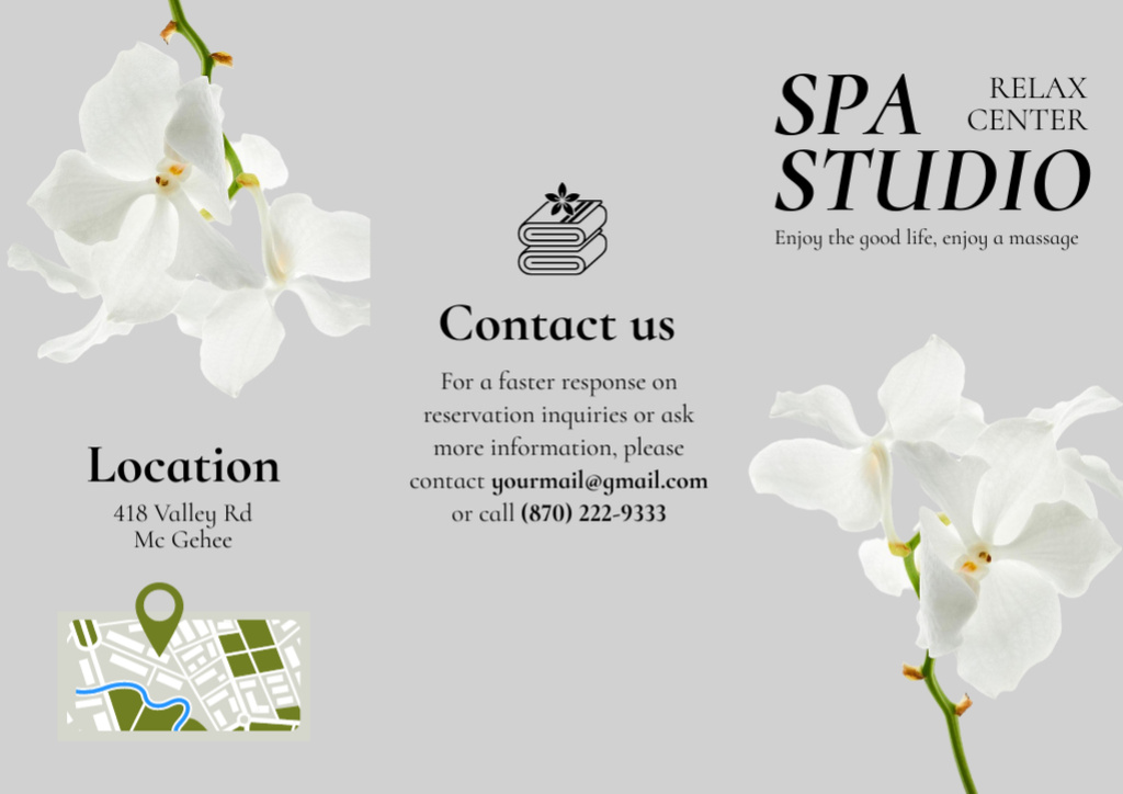Spa Center Advertising with White Orchid Brochure Modelo de Design