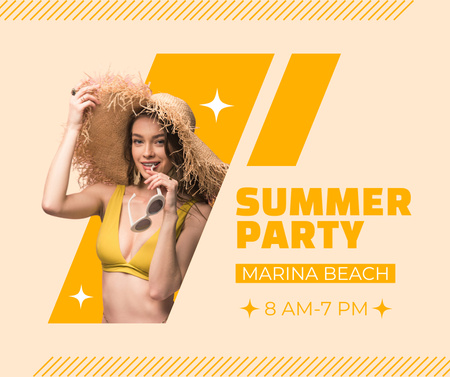Summer Beach Party Announcement with Woman in Swimsuit Facebook tervezősablon