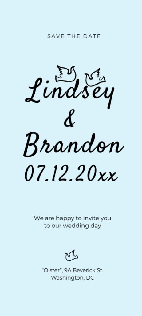 Platilla de diseño Save the Date and Wedding Event Announcement with Dove Illustration Invitation 9.5x21cm