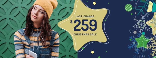 Christmas Sale Woman in Denim Overalls Facebook cover Design Template