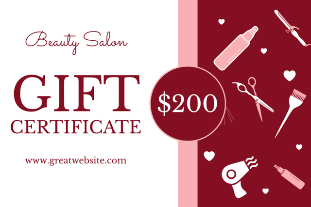 Ontwerpsjabloon van Gift Certificate van Beauty Salon Offer with Illustration of Tools for Haircut