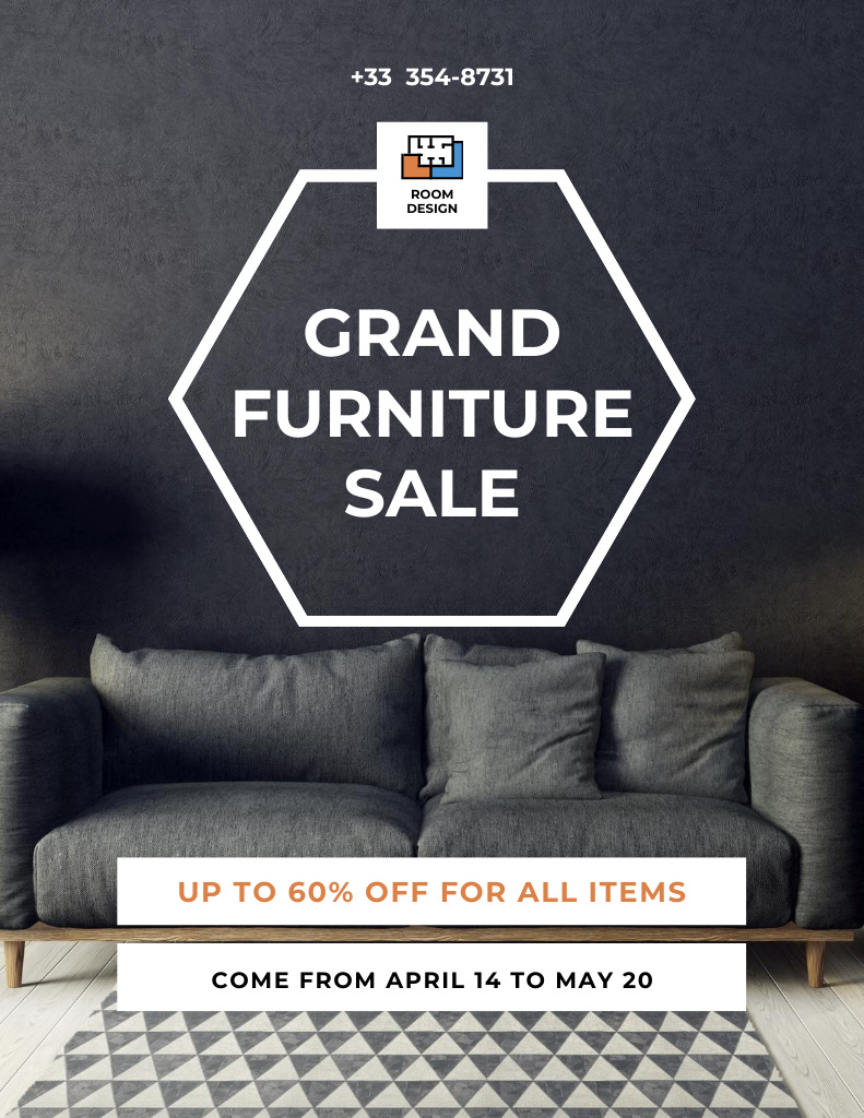 Designvorlage Grand Furniture Sale with Modern Grey Sofa für Flyer 8.5x11in