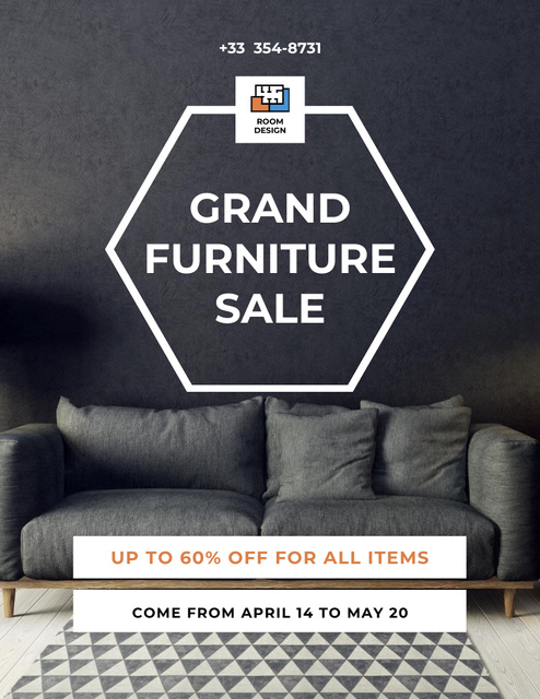 Ontwerpsjabloon van Flyer 8.5x11in van Grand Furniture Sale with Modern Grey Sofa