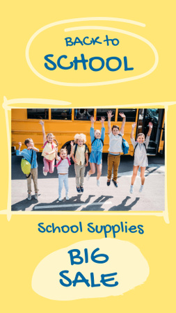Big Sale with Happy Schoolchildren on Background of School Bus Instagram Video Story – шаблон для дизайна