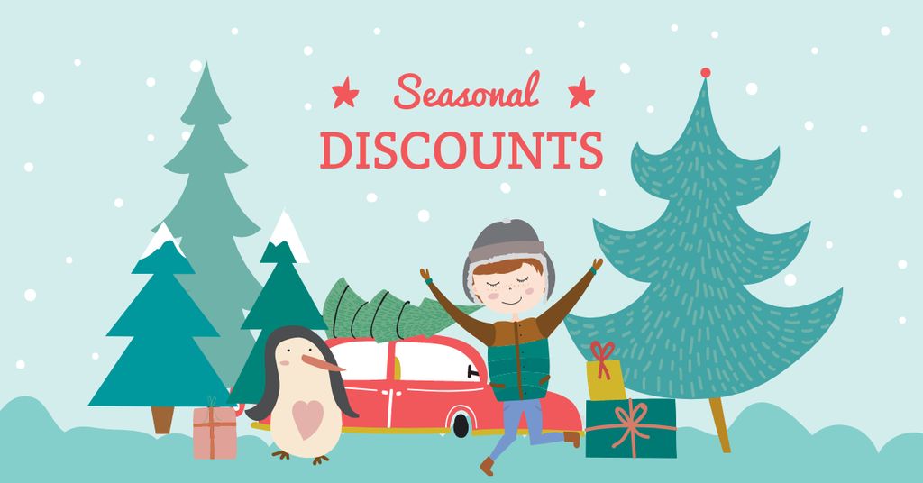 Seasonal Winter Discounts with Happy Kid Facebook AD Modelo de Design