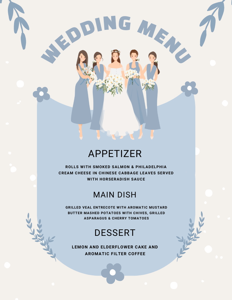 Wedding Appetizers List with Bride and Bridesmaids on Blue Menu 8.5x11in Design Template