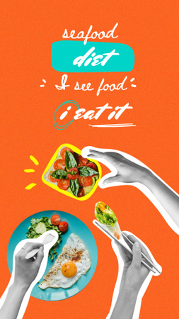 Modèle de visuel drôle de blague sur l'alimentation avec des plats sur des assiettes - Instagram Story
