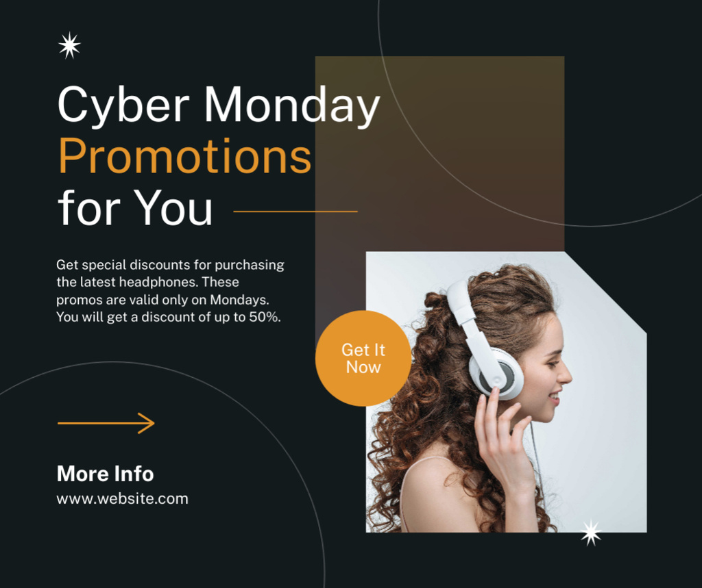 Cyber Monday Promotions with Woman in Modern Headphones Facebook Modelo de Design
