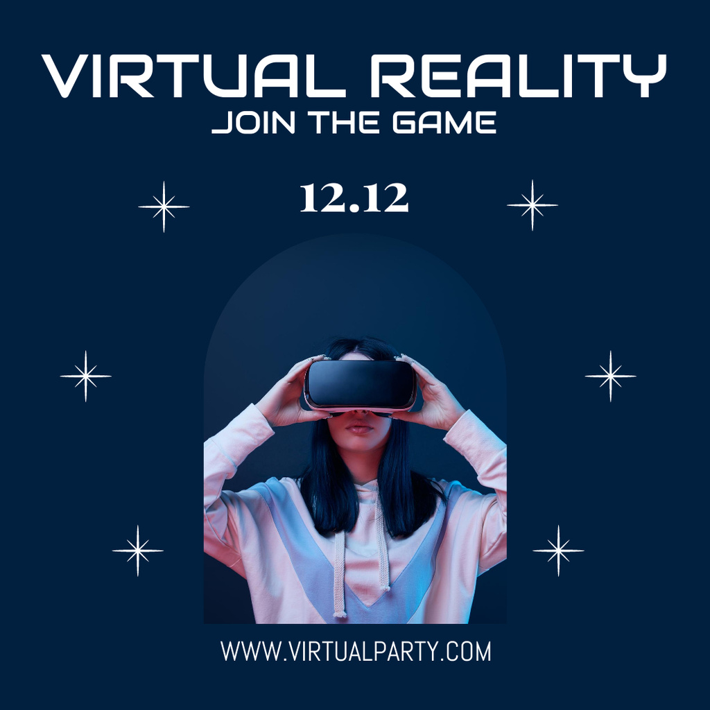 Virtual Party Announcement with Woman on Blue Instagram tervezősablon