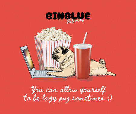 Template di design cane divertente digitando sul computer portatile con popcorn Facebook