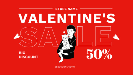 Valentine's Day Sale with Cartoon Woman and Cat FB event cover – шаблон для дизайну