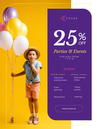 Exquisite Party Organization Services Offer with Girl with Balloons Poster 36x48in – шаблон для дизайну