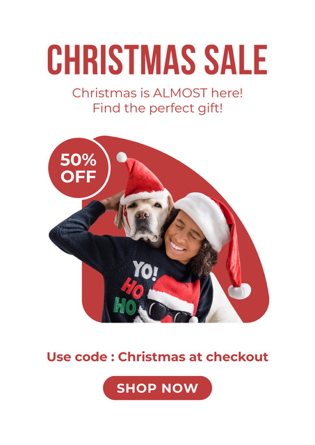 Designvorlage Christmas sale offer with Happy African American and Dog für Poster