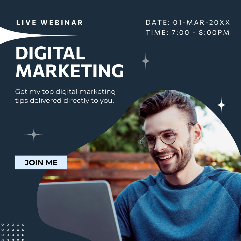 Digital Marketing Live Webinar Announcement with Smiling Man Instagram tervezősablon