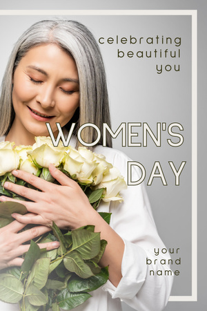 Beautiful Woman with White Roses on International Women's Day Pinterest Design Template
