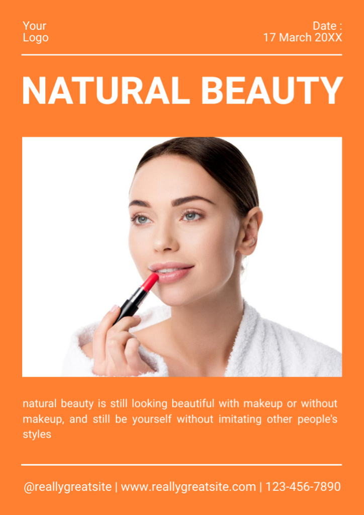 Beauty Secrets Offer with Young Woman Applying Red Lipstick Newsletter Πρότυπο σχεδίασης