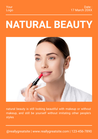 Beauty Secrets Offer with Young Woman Applying Red Lipstick Newsletter Design Template
