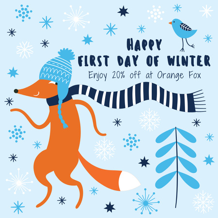 Plantilla de diseño de Primer día de saludo de invierno con lindo zorro Instagram AD 