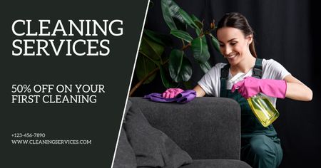 Discount Cleaning Services Ad with Woman in Pink Gloves Facebook AD Modelo de Design