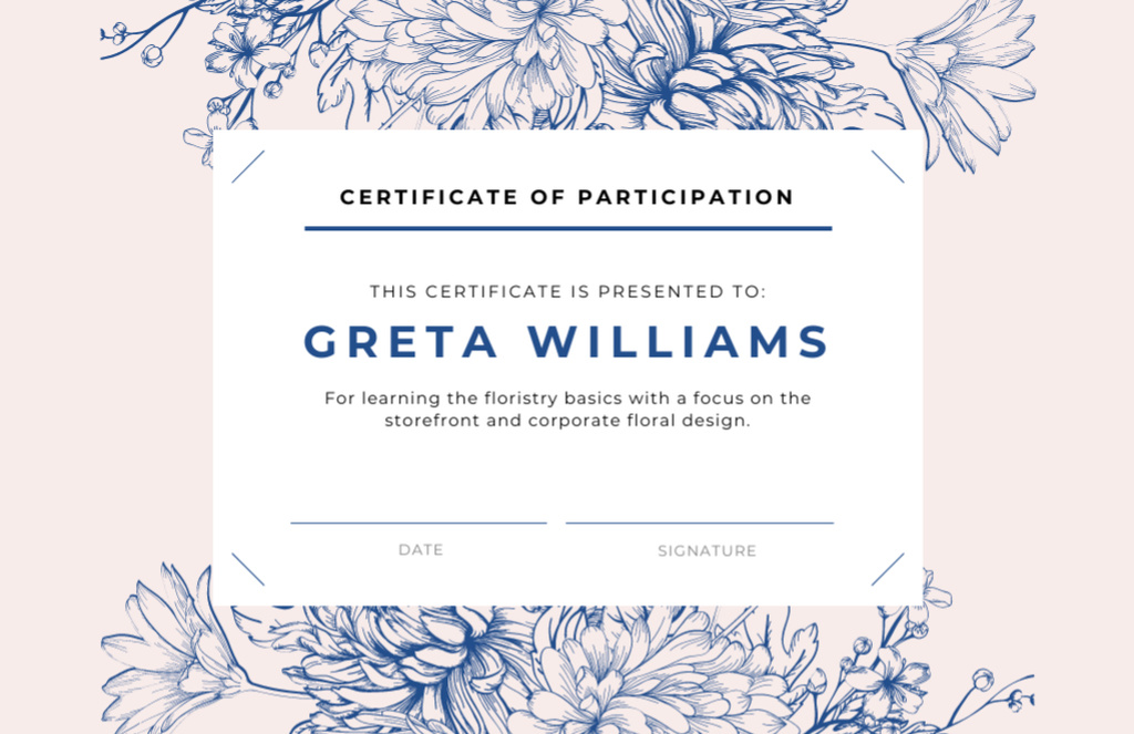 Florist Courses Participation Confirmation in Blue Certificate 5.5x8.5in Design Template