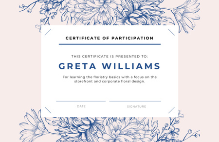 Florist Courses Participation Confirmation in Blue Certificate 5.5x8.5in Design Template