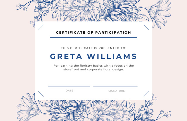 Szablon projektu Florist Courses Participation Confirmation in Blue Certificate 5.5x8.5in