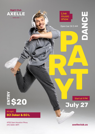 Ontwerpsjabloon van Poster A3 van Party Invitation with Man in Headphones Jumping in Grey