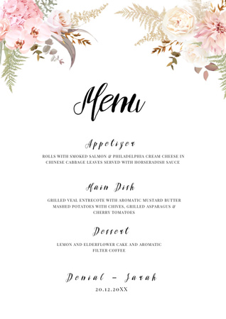 Wedding Meal list with leaf Menu Design Template