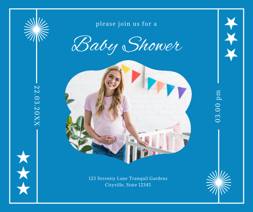 Baby Shower Party Invitation on Blue Facebook Tasarım Şablonu