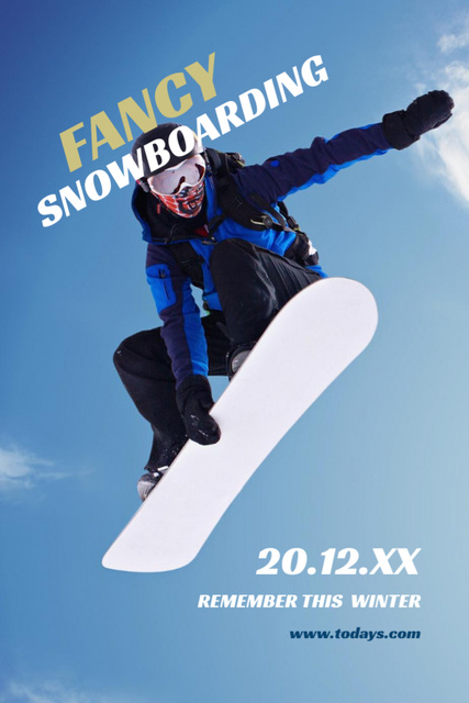 Snowboard Event announcement Man riding in Snowy Mountains Flyer 4x6in Design Template