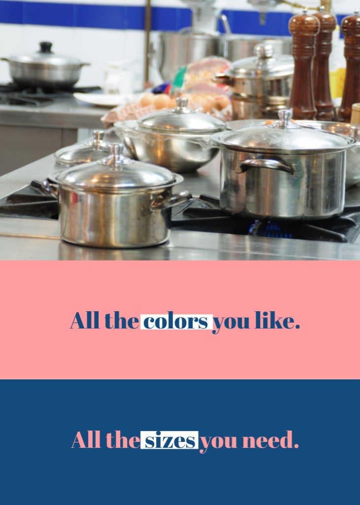 High Quality Kitchen Utensils Store Offer With Pots On Stove Postcard 5x7in Vertical Design Template