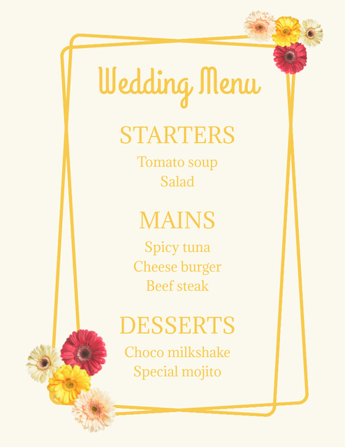 Plain Yellow Wedding Dishes List Menu 8.5x11in – шаблон для дизайну