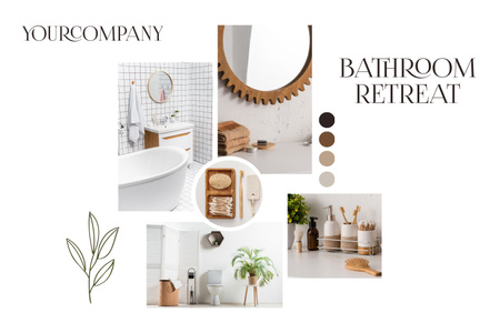Beyaz ve Kahverengi Banyo İç Tasarımı Mood Board Tasarım Şablonu