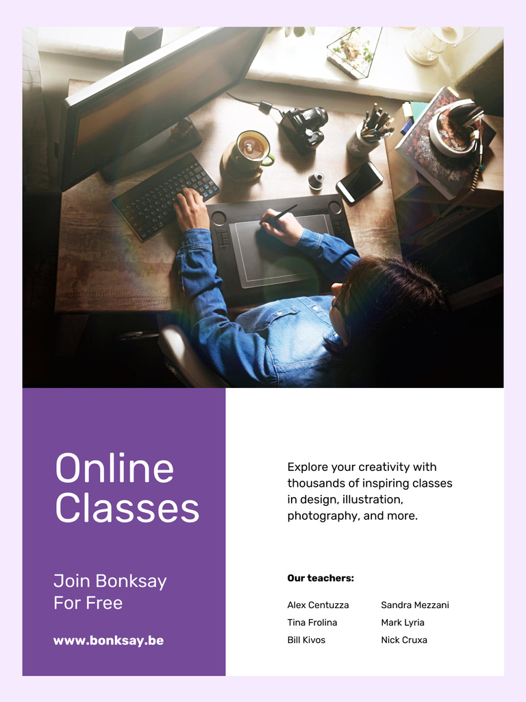 Ontwerpsjabloon van Poster US van Online Art Classes Offer with Computer and Drawings