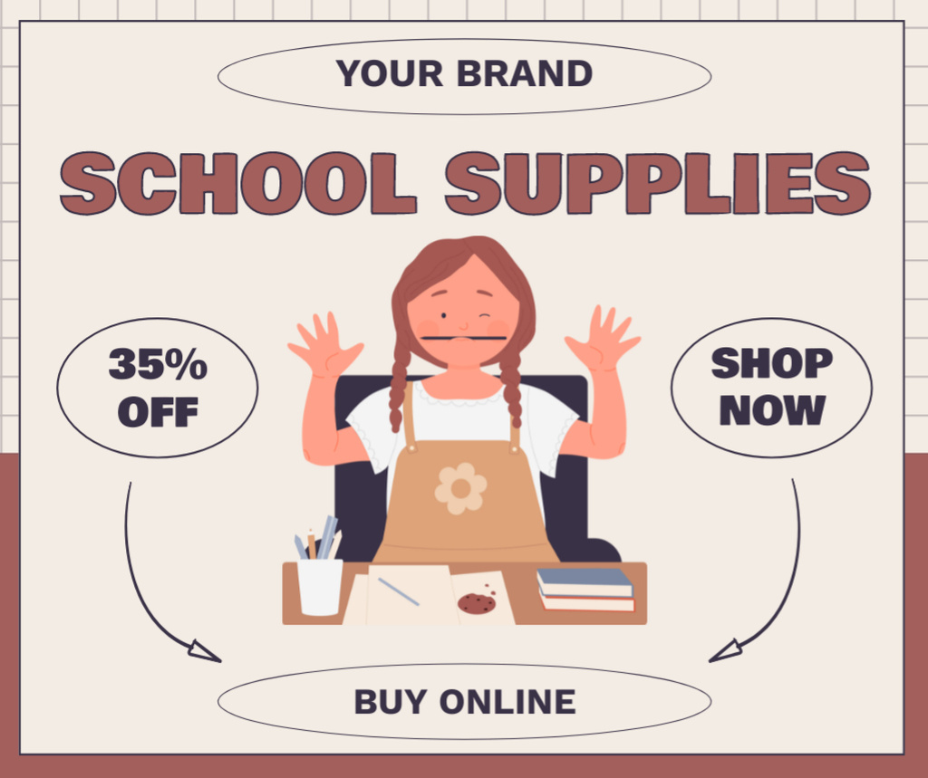 School Supplies Discount with Cute Cartoon Girl Facebookデザインテンプレート