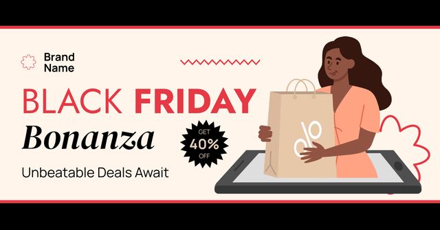 Black Friday Discount Offer with Woman with Shopping Bag Facebook ADデザインテンプレート