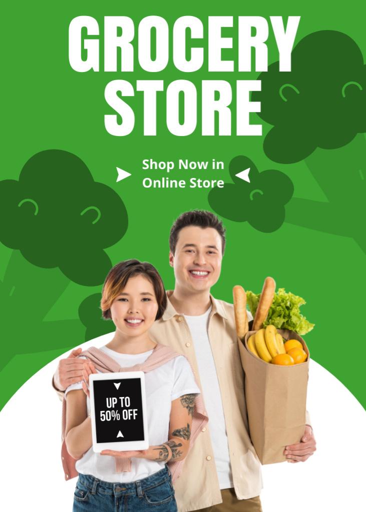 Online Grocery With Discount And Broccoli Pattern Flayerデザインテンプレート