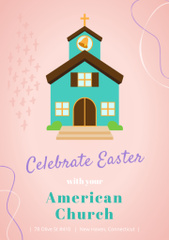 Easter Celebration Announcement with Country Church on Pink