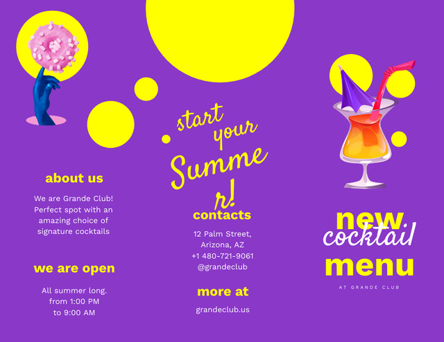 New Cocktail Menu Ad with Glass and Donut in Purple and Yellow Brochure 8.5x11in – шаблон для дизайна