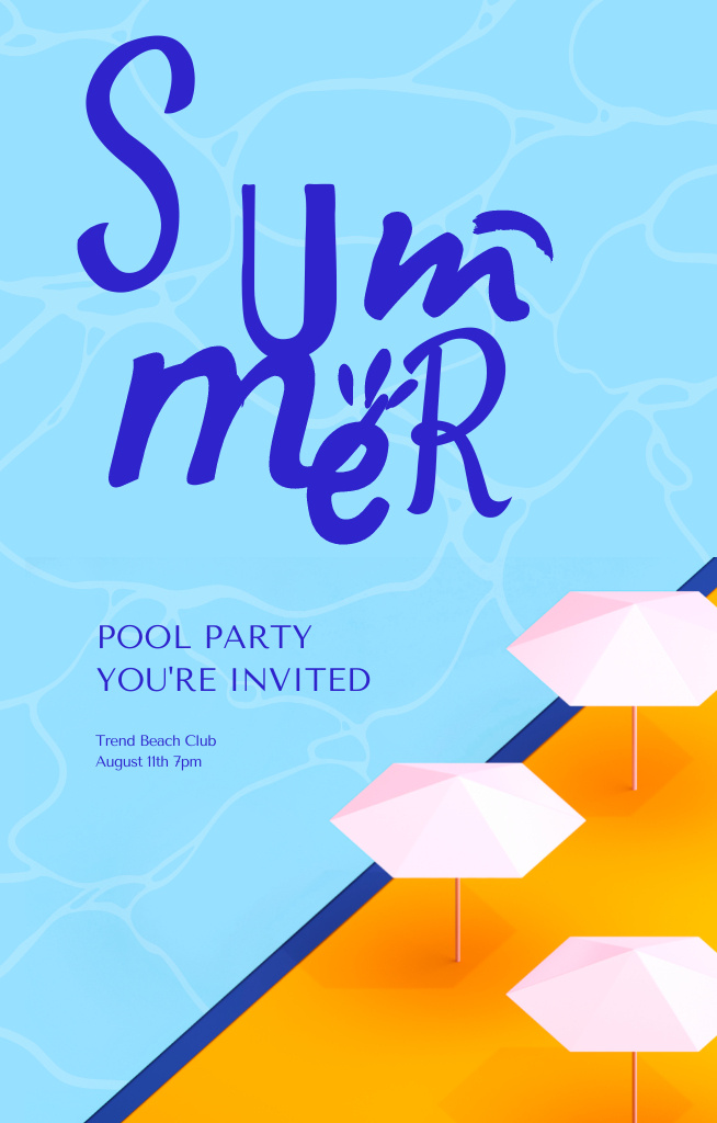 Ontwerpsjabloon van Invitation 4.6x7.2in van Summer Pool Party Announcement With Beach Umbrellas