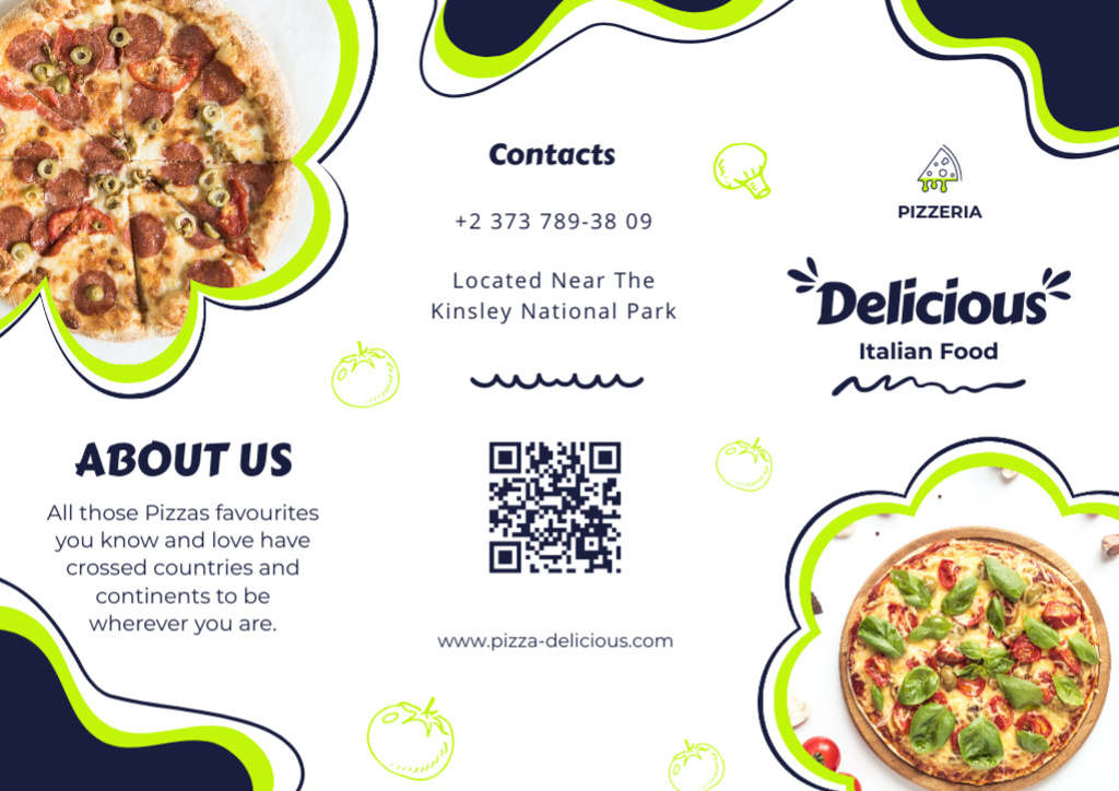 Pizzeria Promo with Basil Round Pizza Brochure Tasarım Şablonu