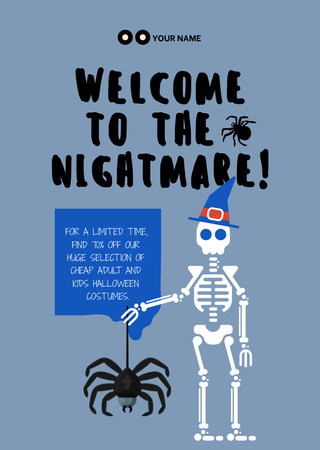 Funny Skeleton with Spider on Halloween  Flyer A6 Design Template