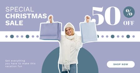 Woman on Christmas Shopping Purple Facebook AD Design Template