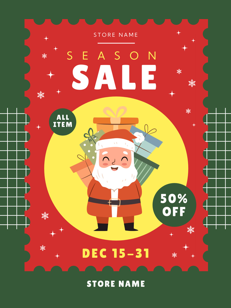 Season Sale Announcement with Cute Santa Claus Poster USデザインテンプレート