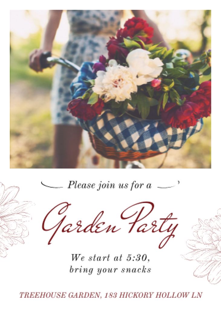 Girl riding bicycle with flowers at Garden Party Invitation Design Template